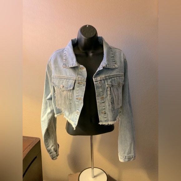 SHEIN Jackets & Blazers - Shein Fringe cropped Jean Jacket with fringe size Large